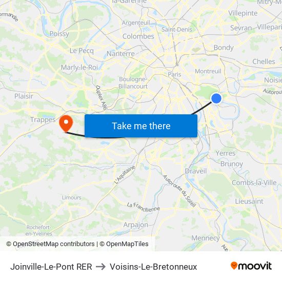 Joinville-Le-Pont RER to Voisins-Le-Bretonneux map