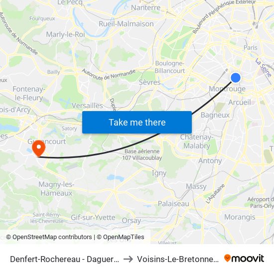 Denfert-Rochereau - Daguerre to Voisins-Le-Bretonneux map