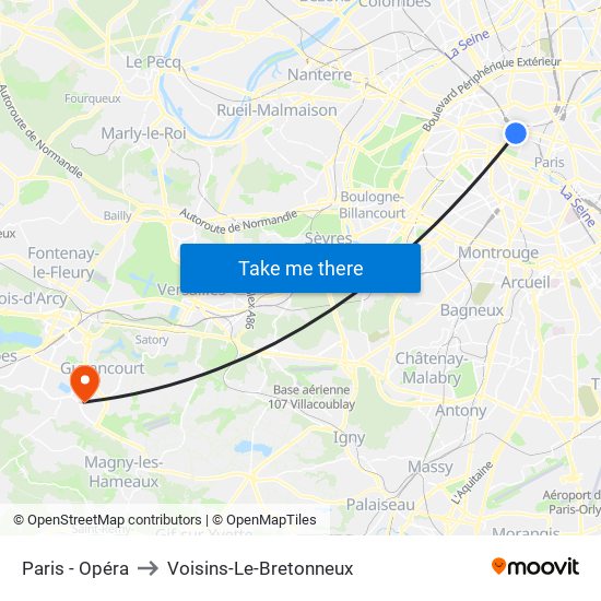 Paris - Opéra to Voisins-Le-Bretonneux map