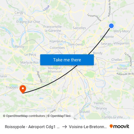 Roissypole - Aéroport Cdg1 (E2) to Voisins-Le-Bretonneux map