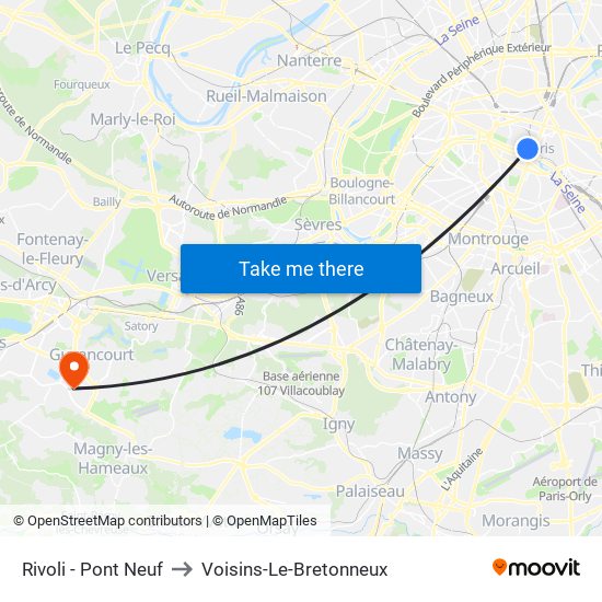 Rivoli - Pont Neuf to Voisins-Le-Bretonneux map