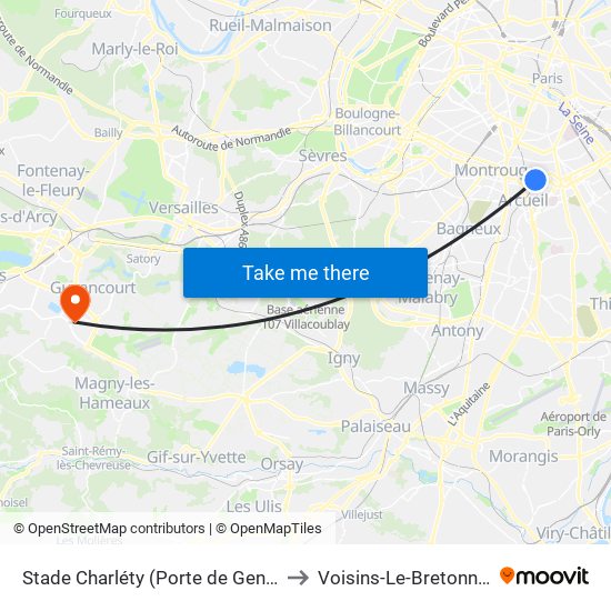 Stade Charléty (Porte de Gentilly) to Voisins-Le-Bretonneux map