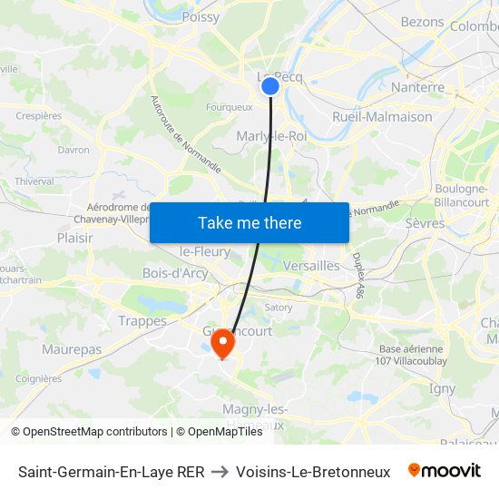 Saint-Germain-En-Laye RER to Voisins-Le-Bretonneux map