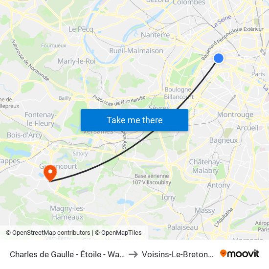 Charles de Gaulle - Étoile - Wagram to Voisins-Le-Bretonneux map