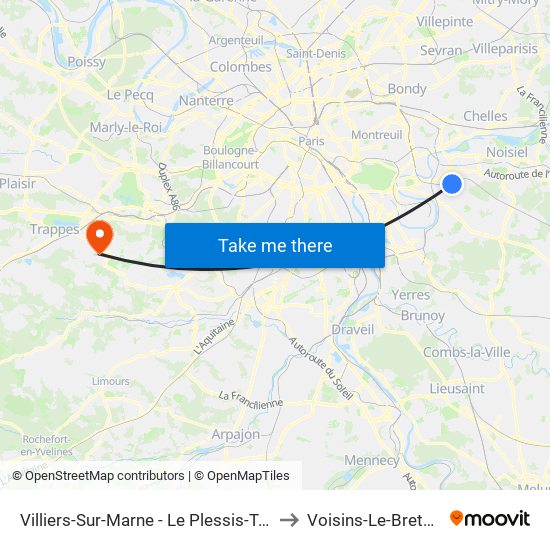 Villiers-Sur-Marne - Le Plessis-Trévise RER to Voisins-Le-Bretonneux map