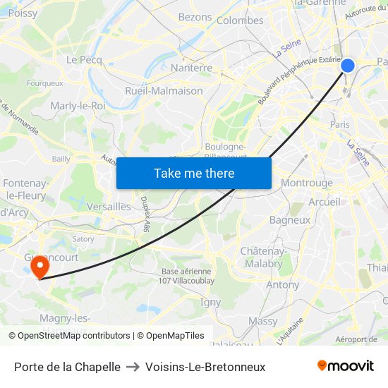 Porte de la Chapelle to Voisins-Le-Bretonneux map
