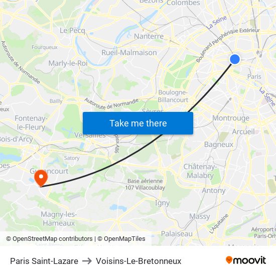 Paris Saint-Lazare to Voisins-Le-Bretonneux map