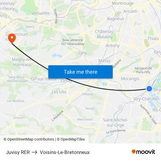 Juvisy RER to Voisins-Le-Bretonneux map