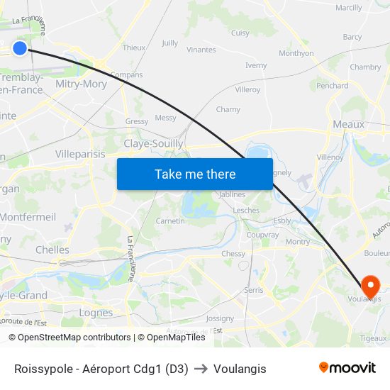 Roissypole - Aéroport Cdg1 (D3) to Voulangis map