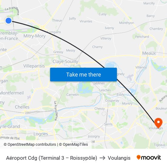 Aéroport Cdg (Terminal 3 – Roissypôle) to Voulangis map