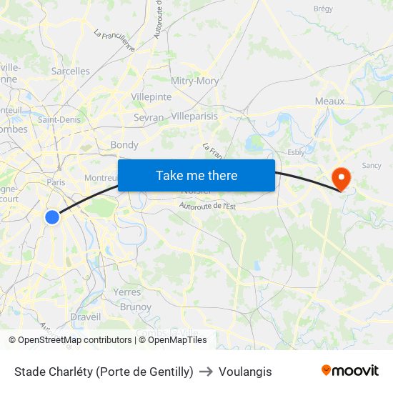 Stade Charléty (Porte de Gentilly) to Voulangis map