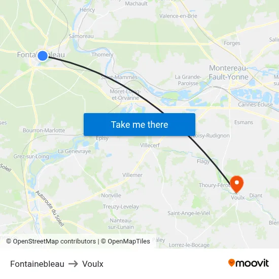 Fontainebleau to Voulx map