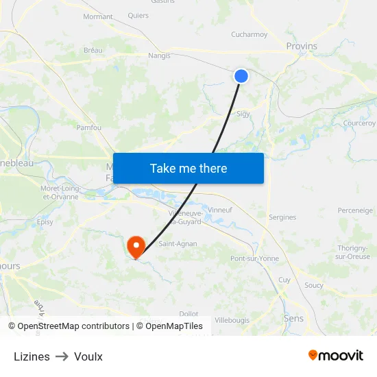 Lizines to Voulx map