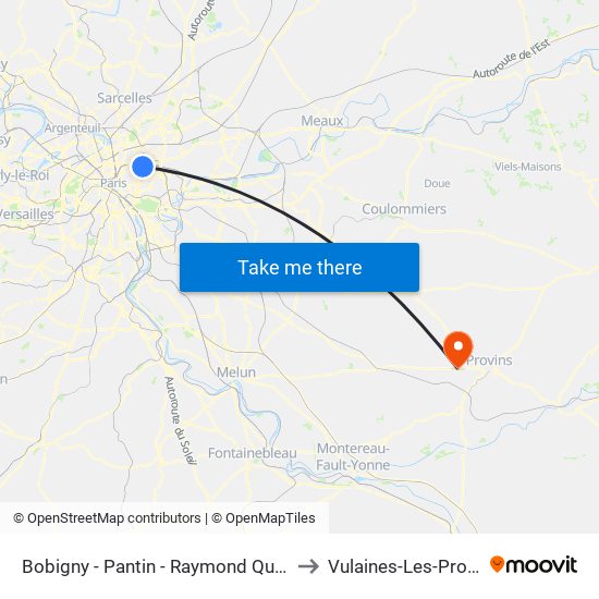 Bobigny - Pantin - Raymond Queneau to Vulaines-Les-Provins map