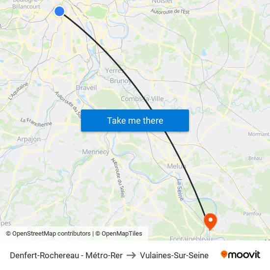 Denfert-Rochereau - Métro-Rer to Vulaines-Sur-Seine map