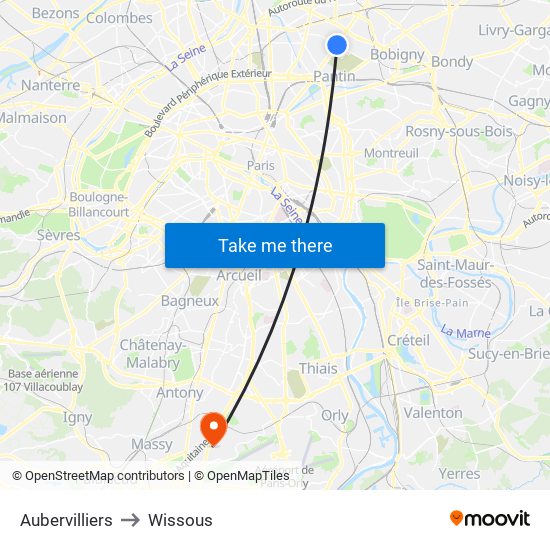 Aubervilliers to Wissous map