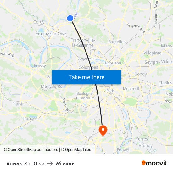 Auvers-Sur-Oise to Wissous map