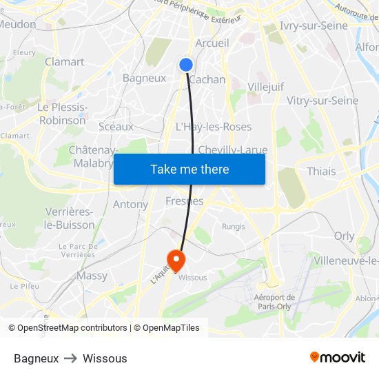 Bagneux to Wissous map