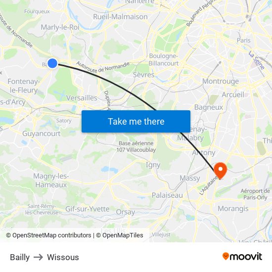 Bailly to Wissous map