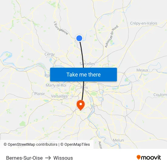 Bernes-Sur-Oise to Wissous map