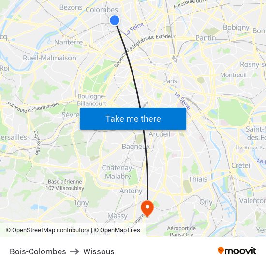 Bois-Colombes to Wissous map