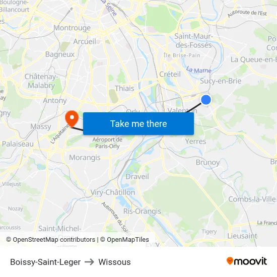 Boissy-Saint-Leger to Wissous map