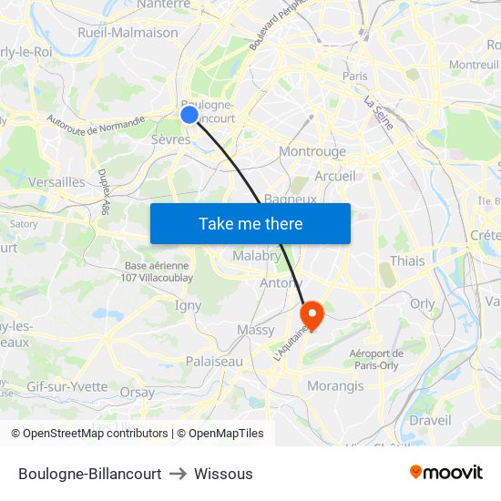 Boulogne-Billancourt to Wissous map