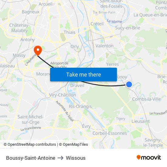 Boussy-Saint-Antoine to Wissous map