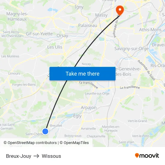 Breux-Jouy to Wissous map