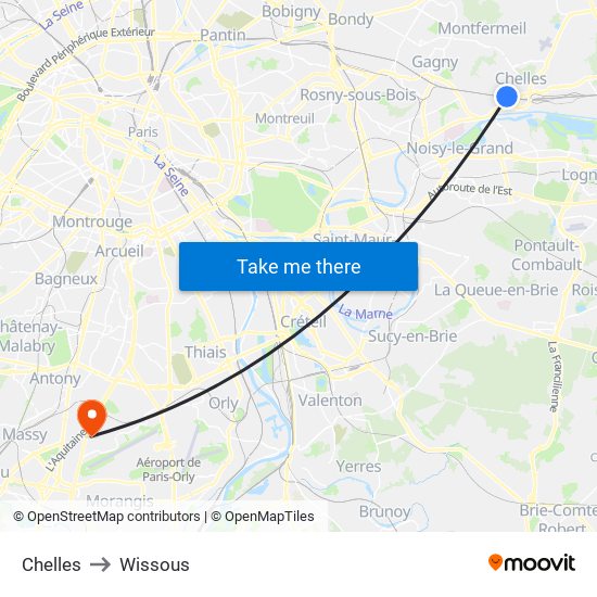 Chelles to Wissous map