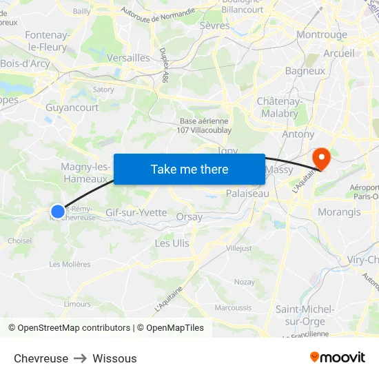 Chevreuse to Wissous map