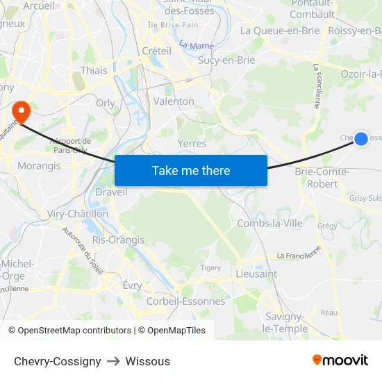 Chevry-Cossigny to Wissous map