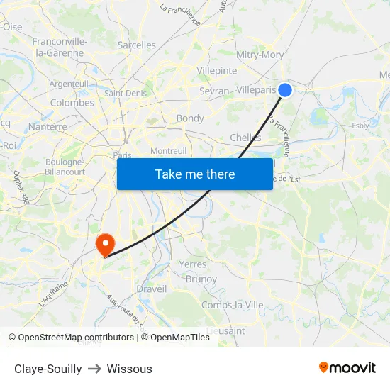 Claye-Souilly to Wissous map