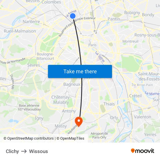 Clichy to Wissous map