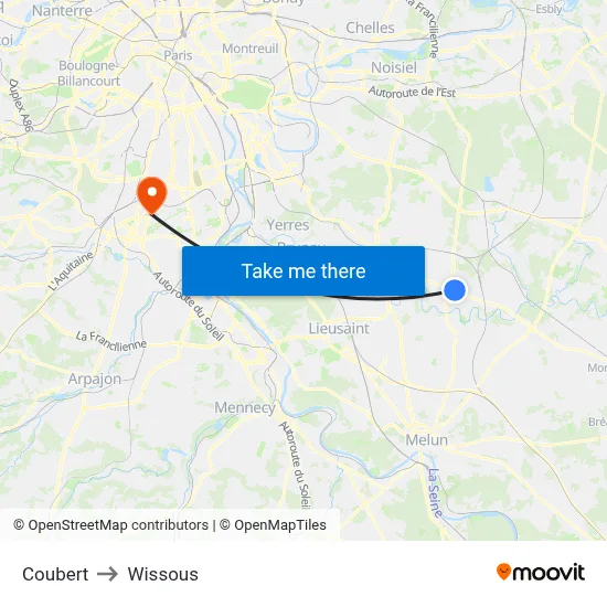 Coubert to Wissous map