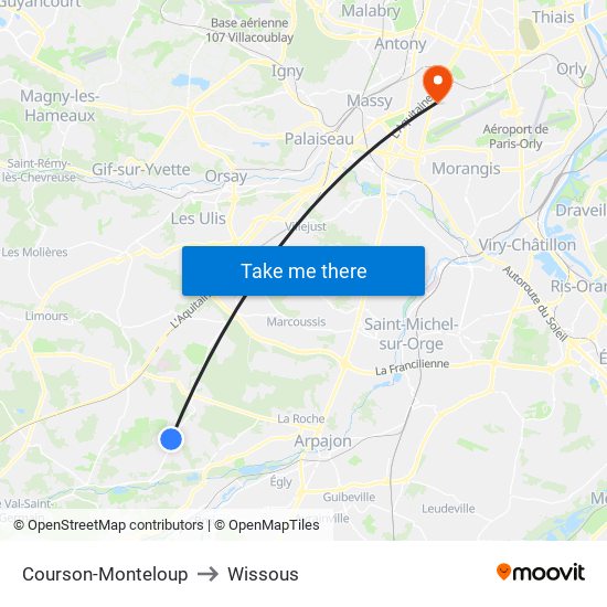 Courson-Monteloup to Wissous map
