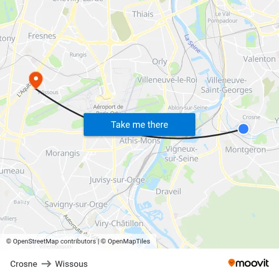 Crosne to Wissous map