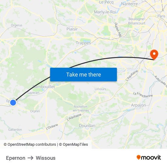 Epernon to Wissous map