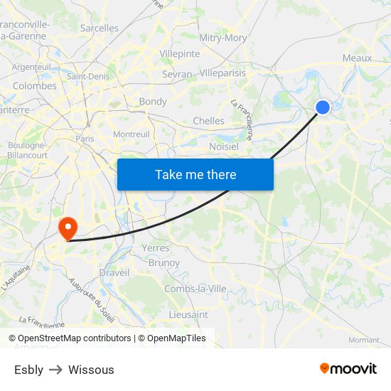 Esbly to Wissous map