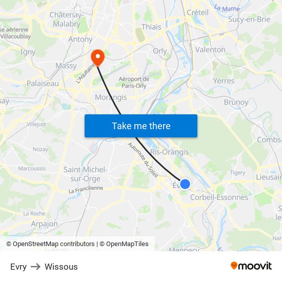 Evry to Wissous map