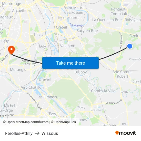 Ferolles-Attilly to Wissous map