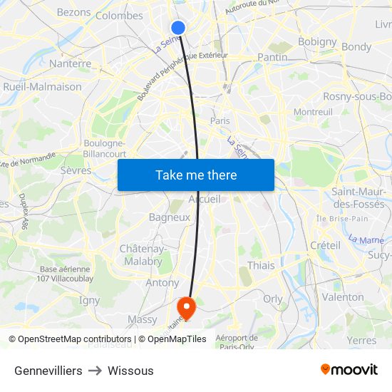 Gennevilliers to Wissous map