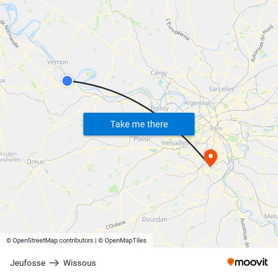 Jeufosse to Wissous map