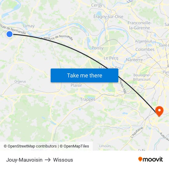 Jouy-Mauvoisin to Wissous map