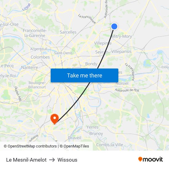 Le Mesnil-Amelot to Wissous map