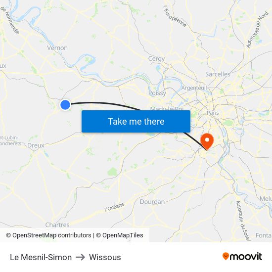 Le Mesnil-Simon to Wissous map