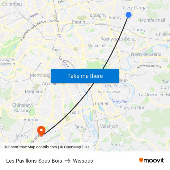 Les Pavillons-Sous-Bois to Wissous map