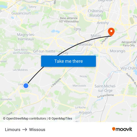 Limours to Wissous map