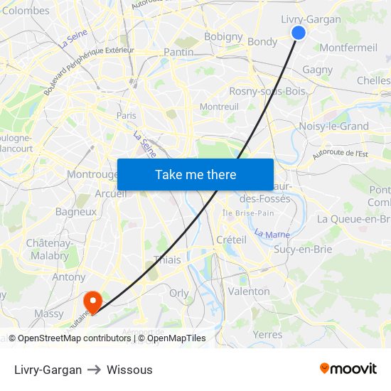 Livry-Gargan to Wissous map