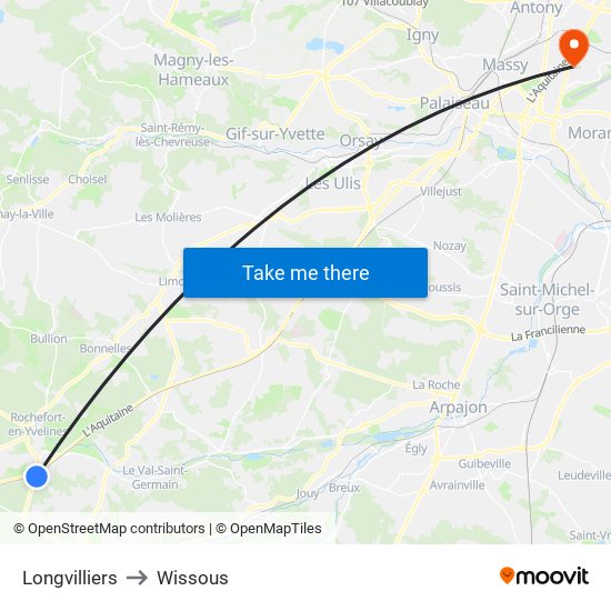 Longvilliers to Wissous map